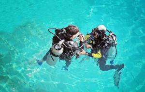 Deux plongeurs dans une piscine